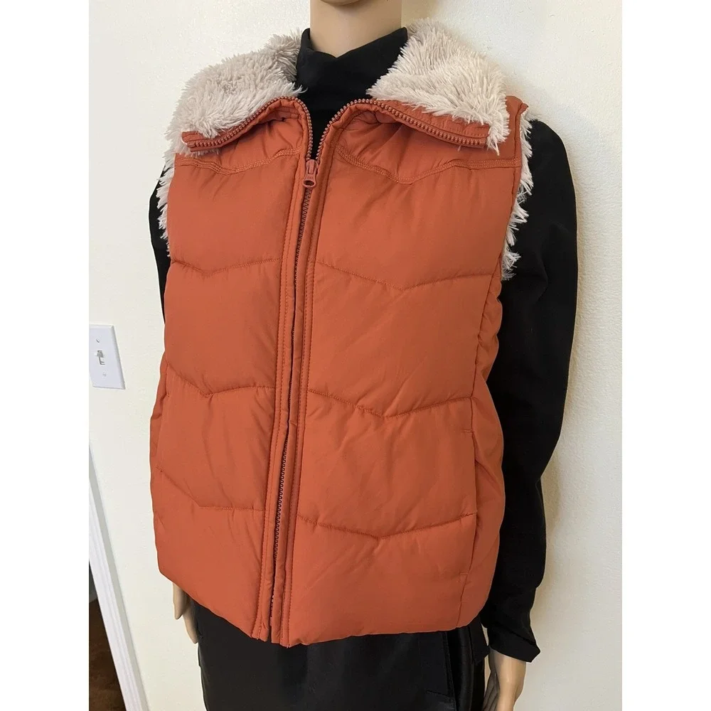 Vintage Y2K Baileys Point Orange Quilted Puffer Faux Fur Trim Womens Vest Size L
